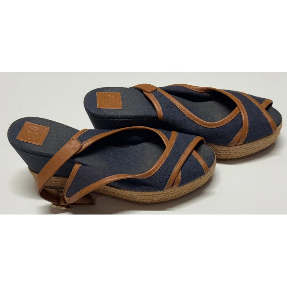 Tory Burch Navy Canvas Tan Leather Espadrille Wedge Sandals Slingback Size 7